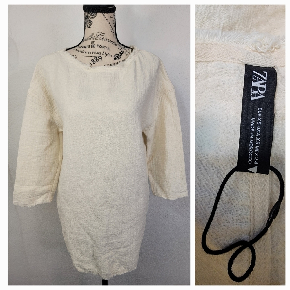 Zara Gauzy Mini Dress Sz XS 3/4 Sleeves Undone Trim Beachy Coastal Lagenlook